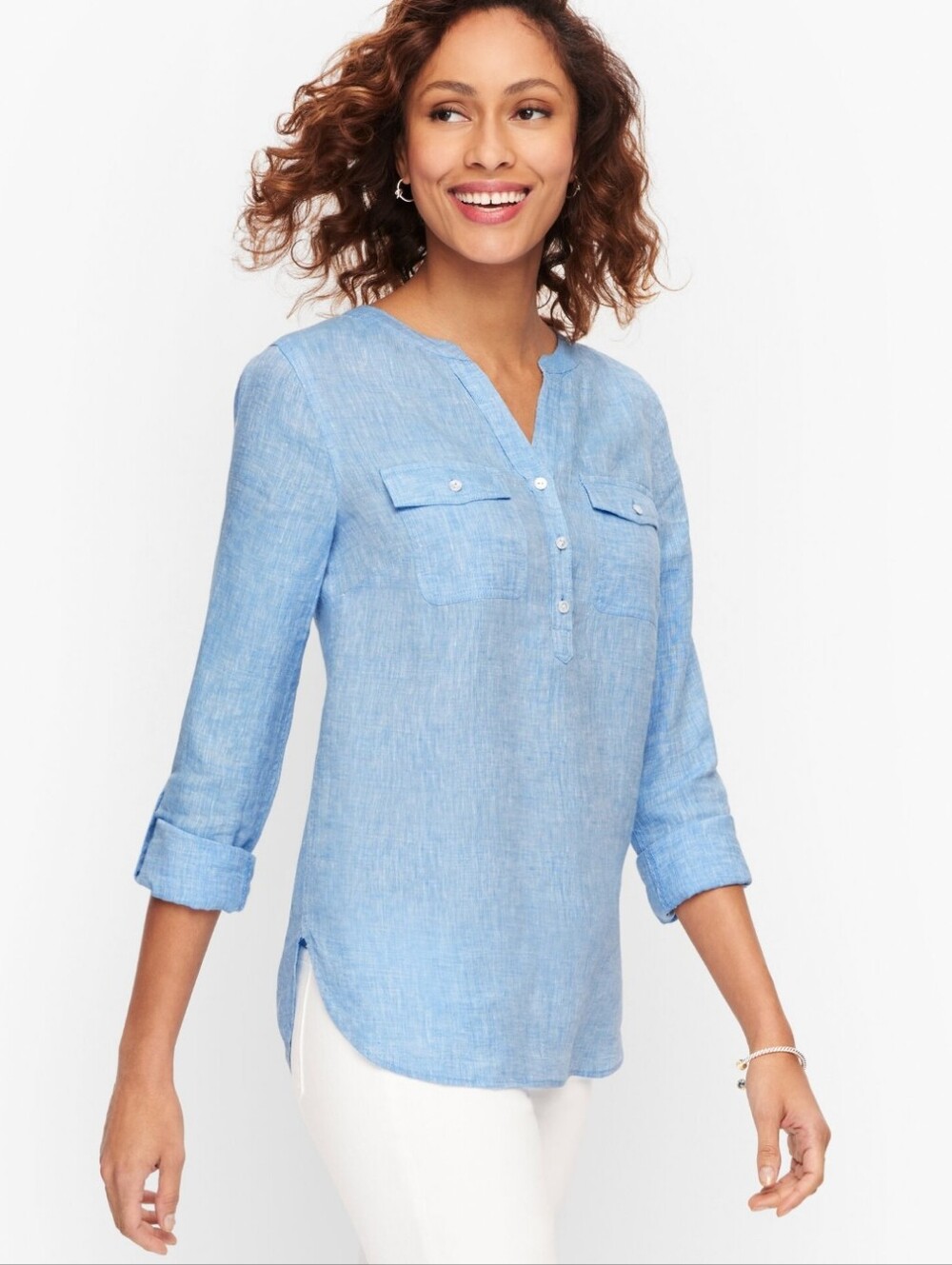 100% Linen Talbots Light Blue Linen Henley Tunic Size Large
